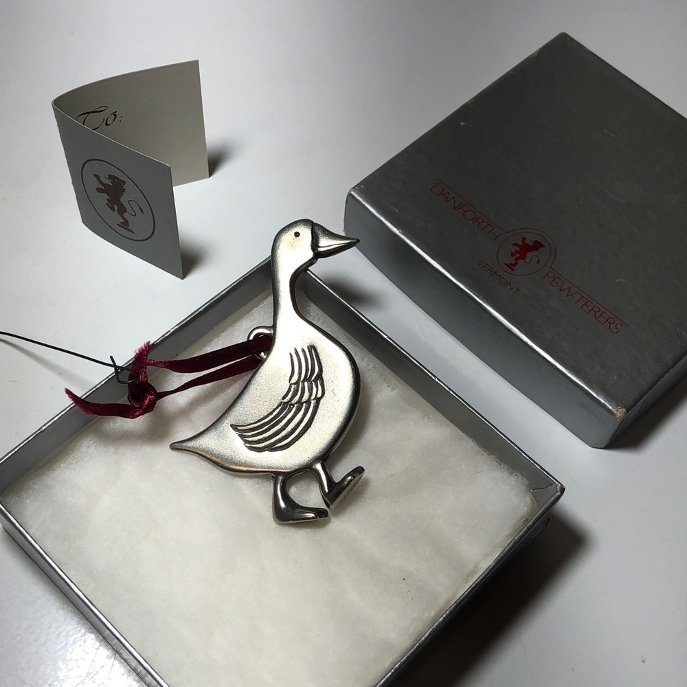 Pewter Goose Ornament with Red Ribbon, Gift Box & Card, NWT